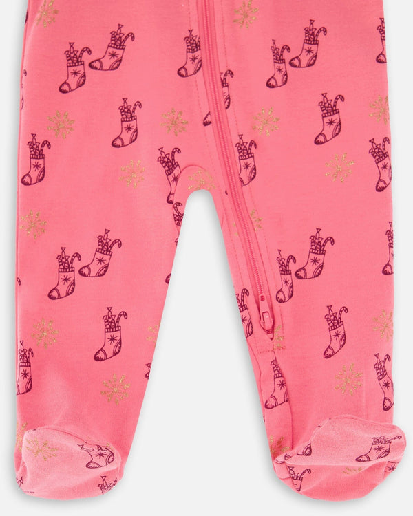 Organic Cotton One Piece Pajama Pink Christmas Stocking Print - F20PA70US_059