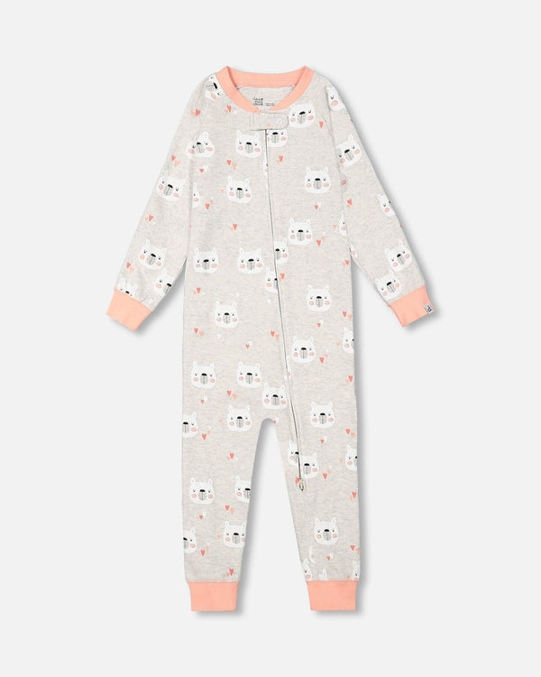 Organic Cotton One Piece Long Sleeve Printed Bears Pajama Oatmeal Mix Pajamas Deux par Deux