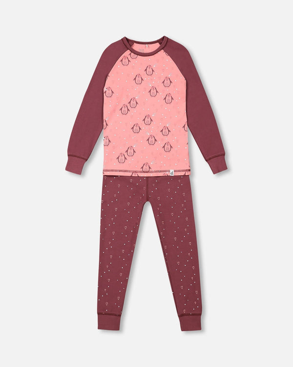 Organic Cotton Long Sleeve Two Piece Printed Penguins Pajama Set Pink - F20PG14US_058