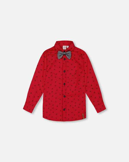 Printed Reindeer Poplin Shirt With Bow Tie Red Tees & Tops Deux par Deux