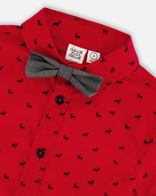 Printed Reindeer Poplin Shirt With Bow Tie Red Tees & Tops Deux par Deux
