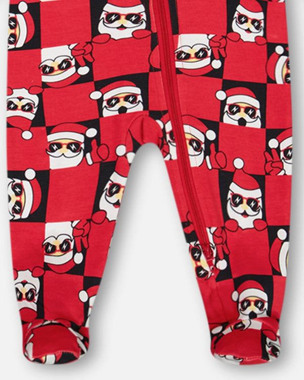 Organic Cotton One Piece Pajama Red Printed Santa Pajamas Deux par Deux