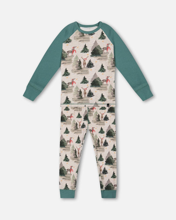 Organic Cotton Two Piece Pajama Set Gray Mix And Green Printed Reindeer Pajamas Deux par Deux