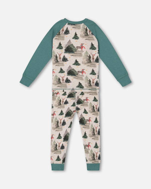 Organic Cotton Two Piece Pajama Set Gray Mix And Green Printed Reindeer Pajamas Deux par Deux
