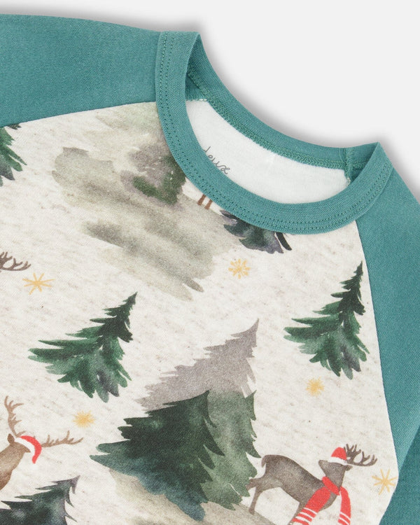 Organic Cotton Two Piece Pajama Set Gray Mix And Green Printed Reindeer Pajamas Deux par Deux