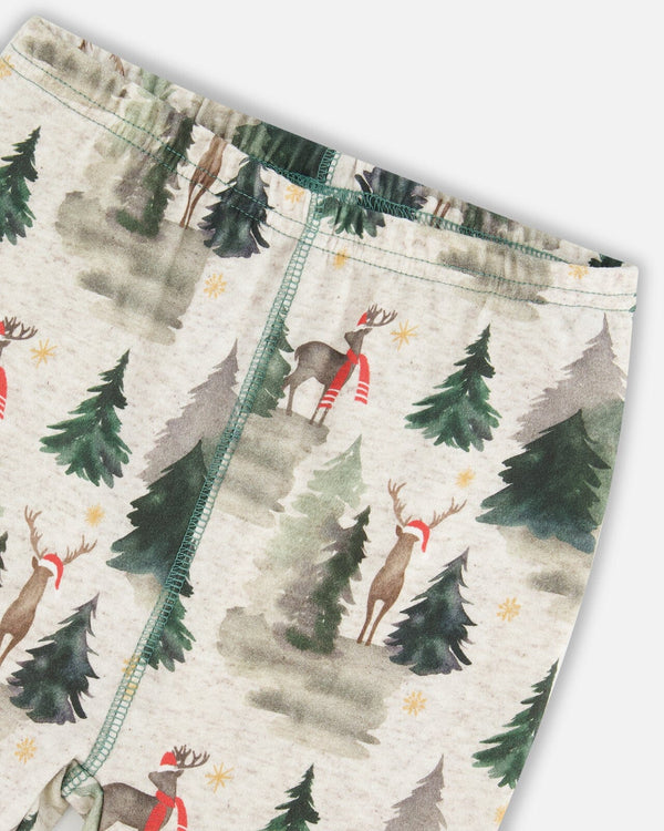 Organic Cotton Two Piece Pajama Set Gray Mix And Green Printed Reindeer Pajamas Deux par Deux