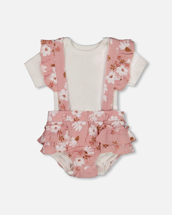 Printed Muslin Short And Organic Cotton Bodysuit Set Pink And White Flowers - G30A13_067