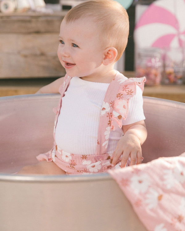Printed Muslin Short And Organic Cotton Bodysuit Set Pink And White Flowers Sets Deux par Deux