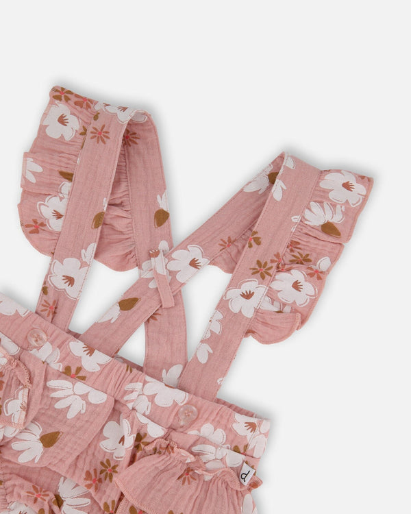 Printed Muslin Short And Organic Cotton Bodysuit Set Pink And White Flowers - G30A13_067