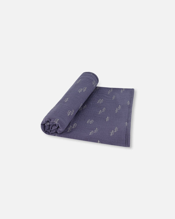 Printed Muslin Blanket Navy Blue Paper Boats - G30AD_065