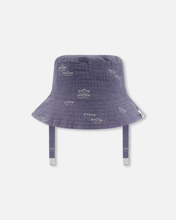 Printed Muslin Bucket Hat Navy Blue Paper Boats - G30AH_065