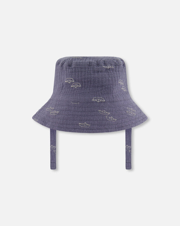 Printed Muslin Bucket Hat Navy Blue Paper Boats - G30AH_065