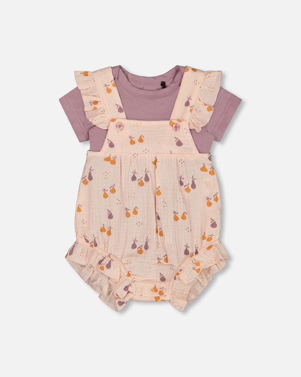 Printed Muslin Shortall And Organic Cotton Onesie Set Peach With Pears - G30B14_070