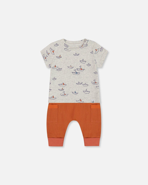 Organic Cotton Top And Muslin Pant Set Little Paper Boats And Terracotta - G30D10_064