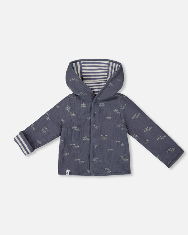 Reversible Organic Cotton Hooded Jacket Navy Striped Blue - G30D30_000