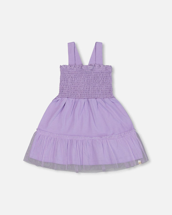 Smocked Organic Cotton Dress With Mesh Frill Lilac - G30H87_564