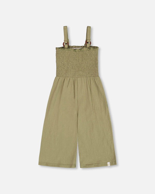 Smocked Crinkle Jersey Jumpsuit Olive Green - G30I41_365