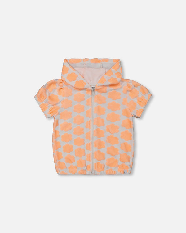 Printed Terry Short Sleeve Hoodie Cardigan Vibrant Orange And White - G30MG30_807