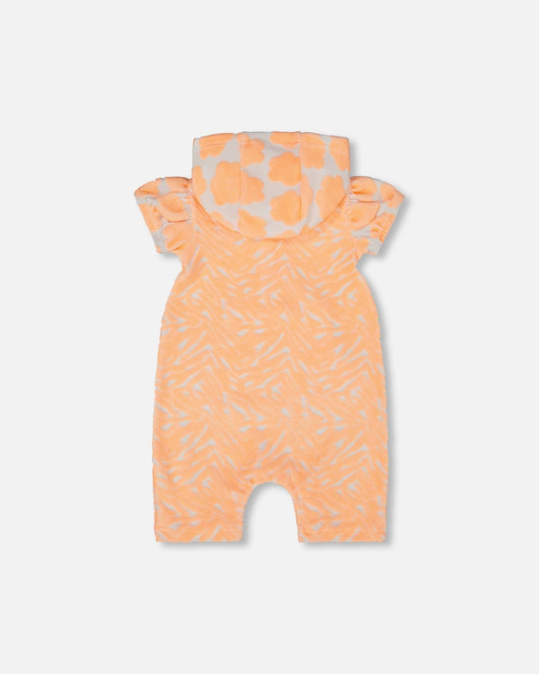 Printed Terry Romper With Hood Vibrant Orange And White - G30MG40_807