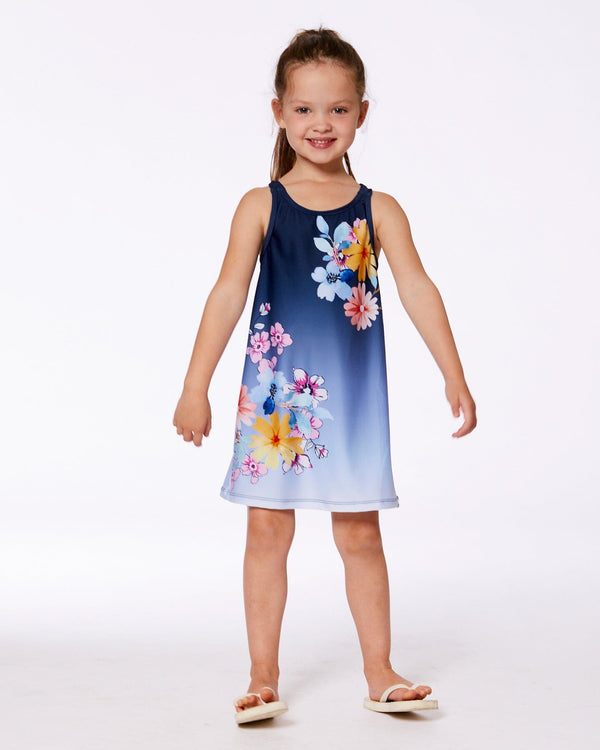 Printed Beach Dress Yellow, Pink Flowers On Navy Blue Background - G30NG29_484