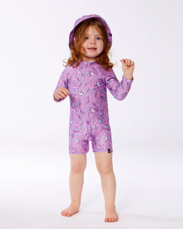 Printed Long Sleeve One-Piece Rashguard Old Mauve And Multicolored Butterflies - G30NG60_054