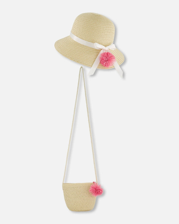 Straw Bag And Hat Set Straw And Pink Accessories Deux par Deux