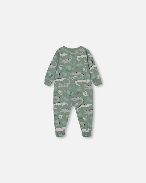 Printed Organic Cotton One-Piece Pajama Light Sage And Gray Crocodile Pajamas Deux par Deux