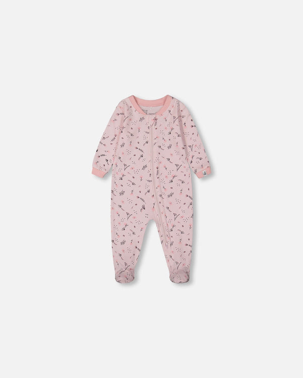 Printed Organic Cotton One-Piece Pajama Small Pink Flowers On Pale Pink Background - G30PA40_028