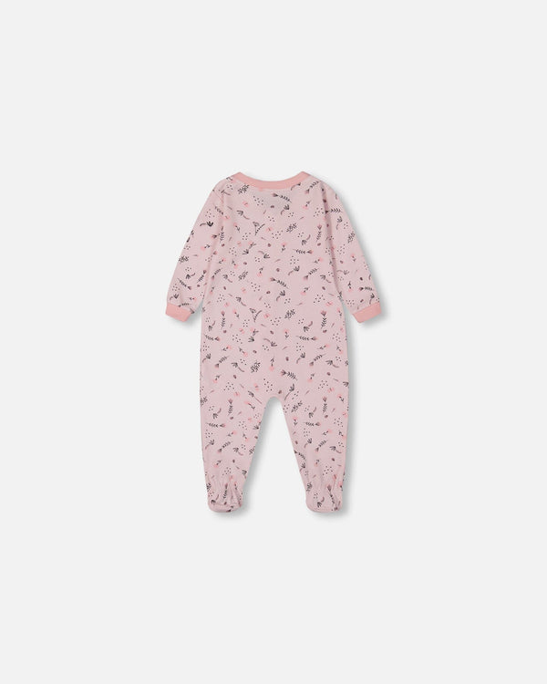 Printed Organic Cotton One-Piece Pajama Small Pink Flowers On Pale Pink Background - G30PA40_028