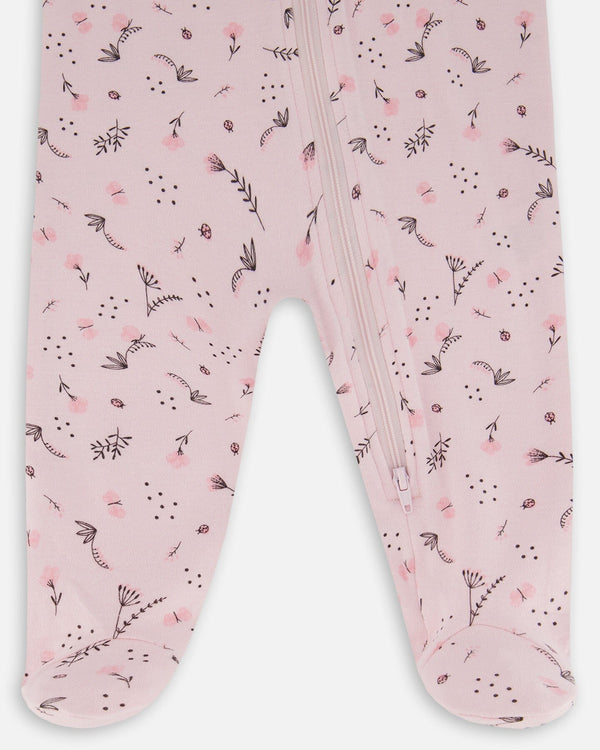 Printed Organic Cotton One-Piece Pajama Small Pink Flowers On Pale Pink Background - G30PA40_028
