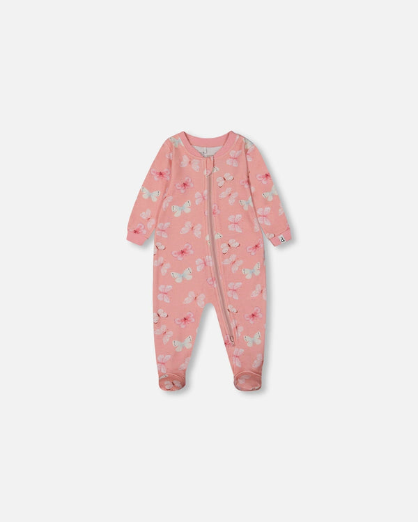 Printed Organic Cotton One-Piece Pajama Pink And Blue Butterflies On Old Pink - G30PA40_030