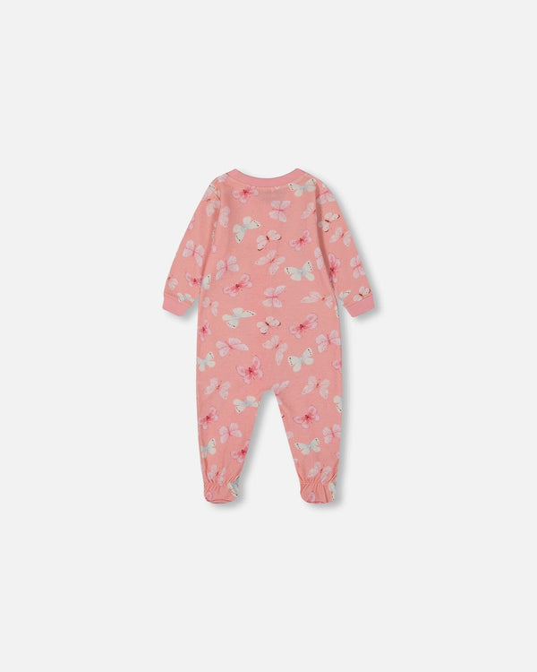 Printed Organic Cotton One-Piece Pajama Pink And Blue Butterflies On Old Pink - G30PA40_030