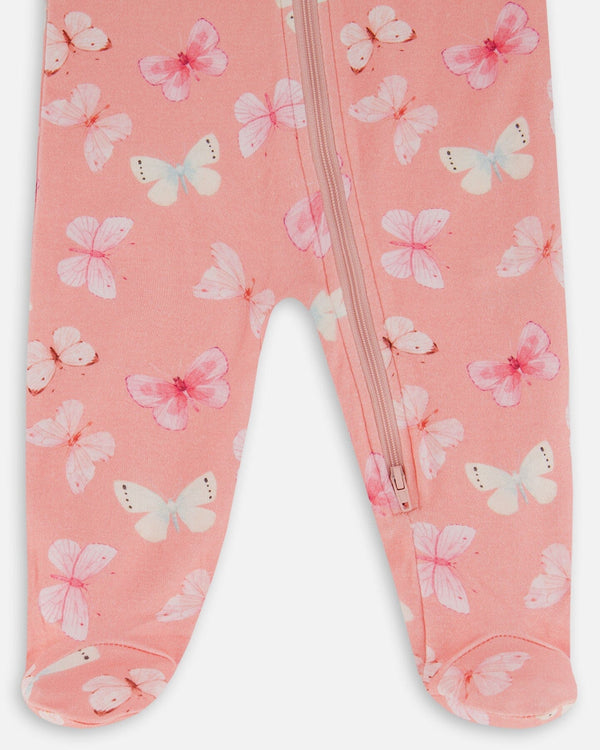 Printed Organic Cotton One-Piece Pajama Pink And Blue Butterflies On Old Pink - G30PA40_030