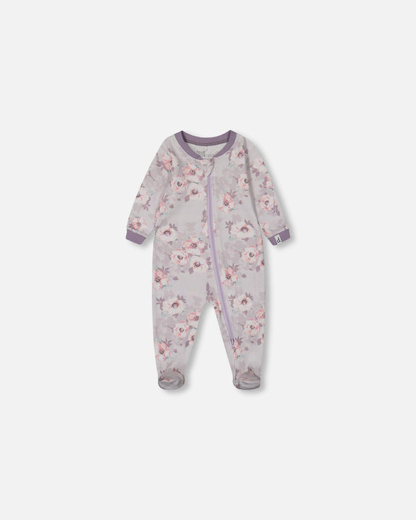 Printed Organic Cotton One-Piece Pajama Pale Pink Flowers On Neutral Lilac - G30PA40_032