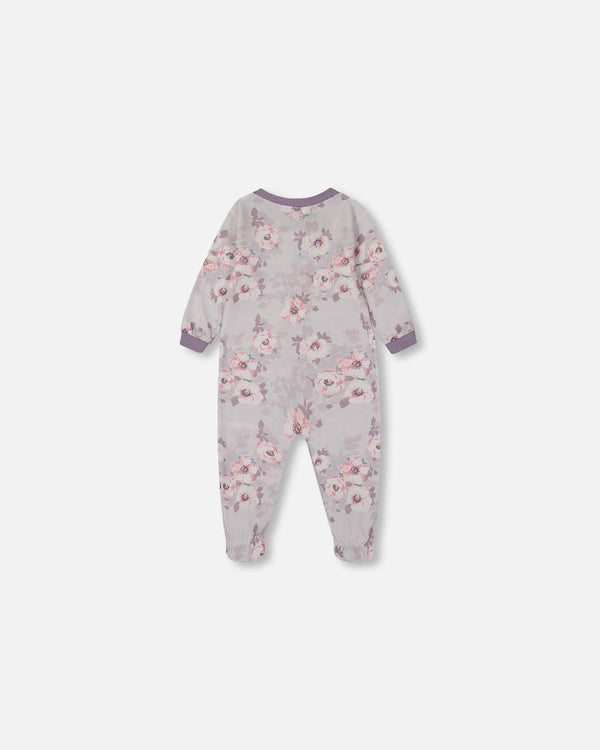 Printed Organic Cotton One-Piece Pajama Pale Pink Flowers On Neutral Lilac - G30PA40_032