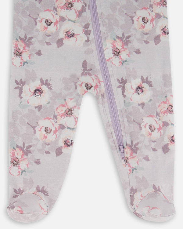 Printed Organic Cotton One-Piece Pajama Pale Pink Flowers On Neutral Lilac - G30PA40_032