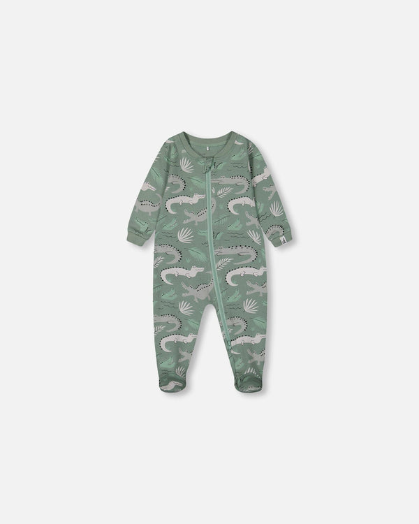 Printed Organic Cotton One-Piece Pajama Light Sage And Gray Crocodile - G30PA40_043