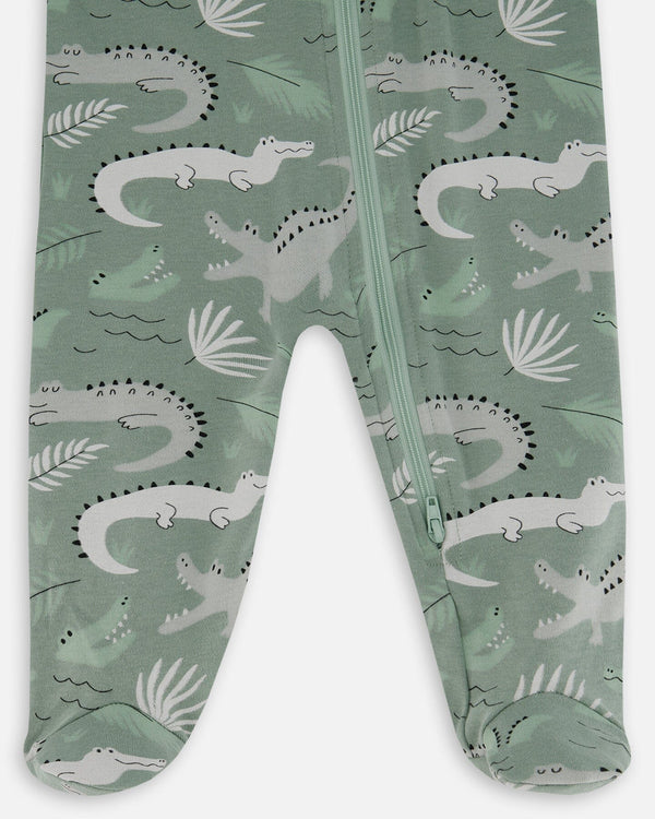 Printed Organic Cotton One-Piece Pajama Light Sage And Gray Crocodile - G30PA40_043