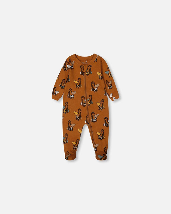 Printed Organic Cotton One-Piece Pajama Sloths On Tan Background - G30PA40_044