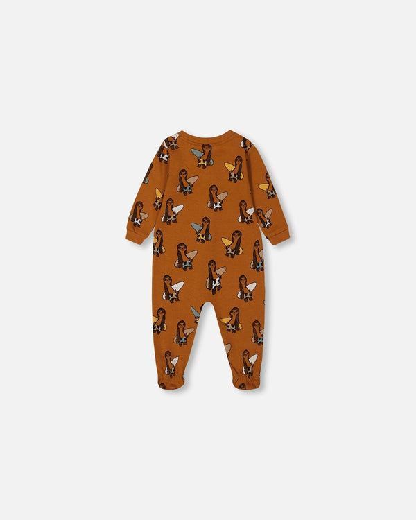Printed Organic Cotton One-Piece Pajama Sloths On Tan Background - G30PA40_044