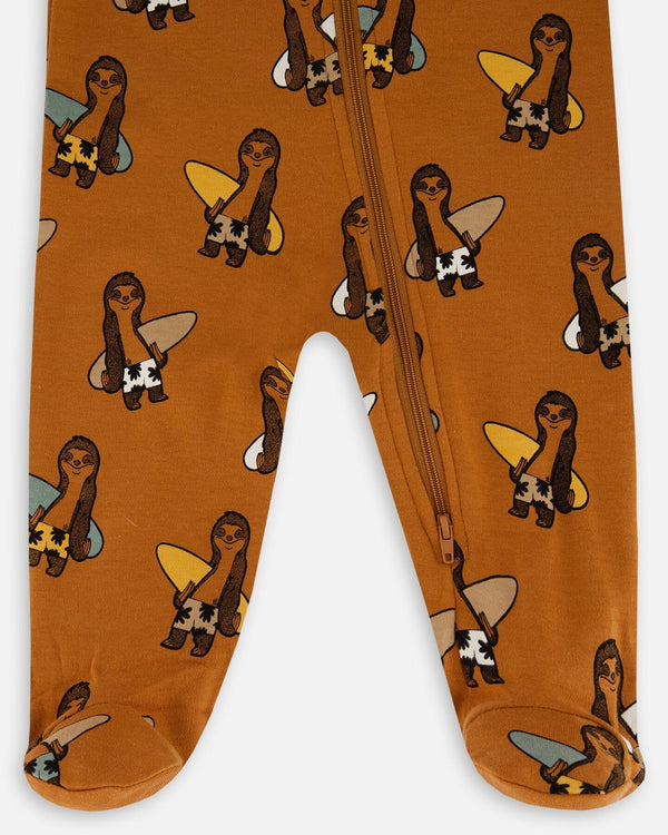 Printed Organic Cotton One-Piece Pajama Sloths On Tan Background - G30PA40_044
