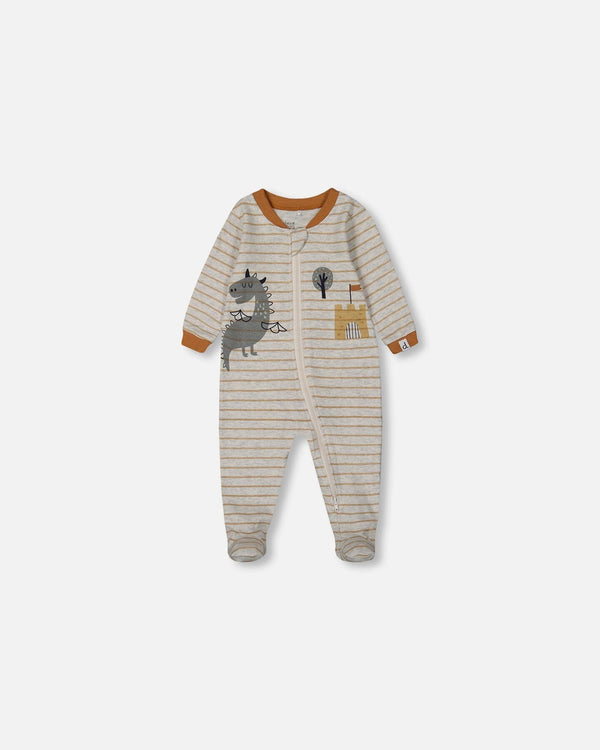 Printed Organic Cotton One-Piece Pajama Dinosaur On Mottled And Tan Background - G30PA40_046