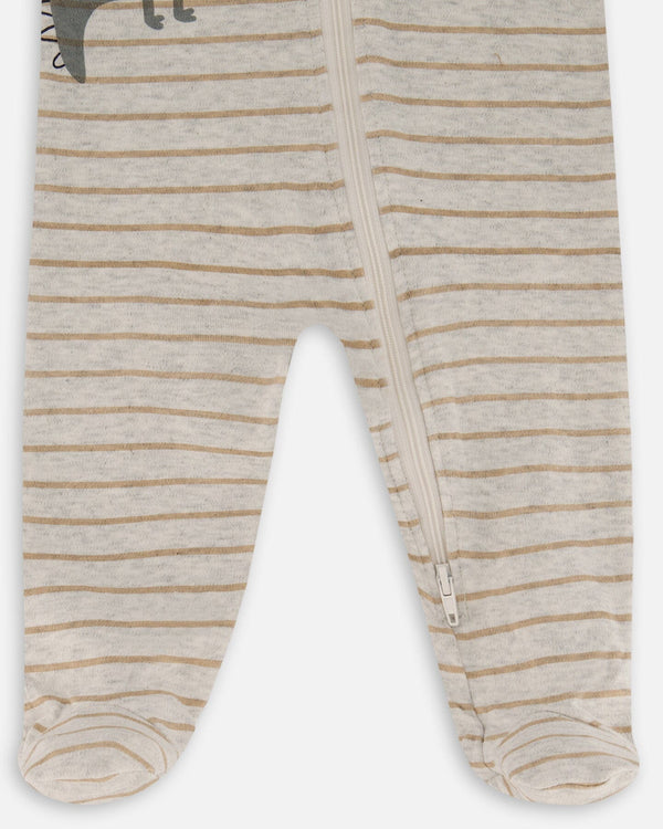 Printed Organic Cotton One-Piece Pajama Dinosaur On Mottled And Tan Background - G30PA40_046