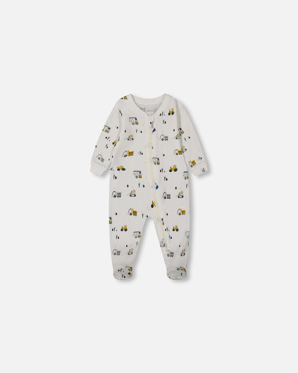 Printed Organic Cotton One-Piece Pajama Off-White And Multi Truck - G30PA40_110