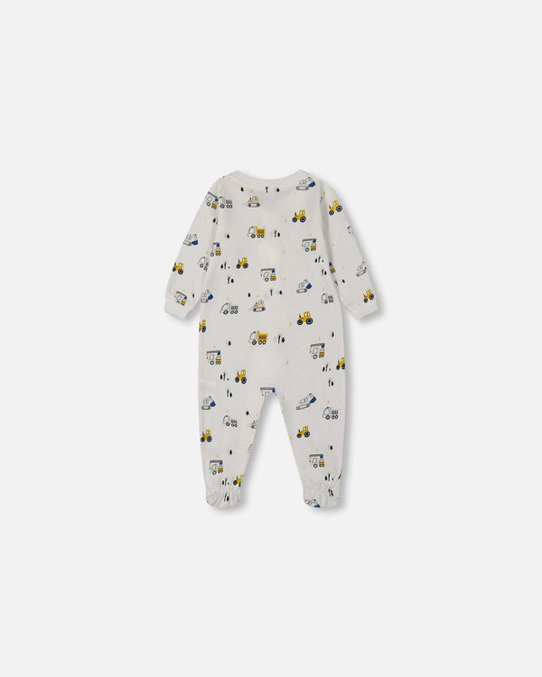 Printed Organic Cotton One-Piece Pajama Off-White And Multi Truck - G30PA40_110