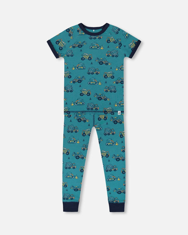 Organic Cotton Two-Piece Short Sleeve Top And Pant Pajama Set Teal With Yellow Truck - G30PB12_045