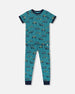 Organic Cotton Two-Piece Short Sleeve Top And Pant Pajama Set Teal With Yellow Truck - G30PB12_045
