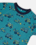 Organic Cotton Two-Piece Short Sleeve Top And Pant Pajama Set Teal With Yellow Truck - G30PB12_045