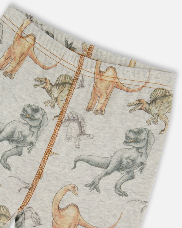 Organic Cotton Two-Piece Short Sleeve Top And Pant Pajama Set Dinosaur On Mottled And Tan Background - G30PB12_046