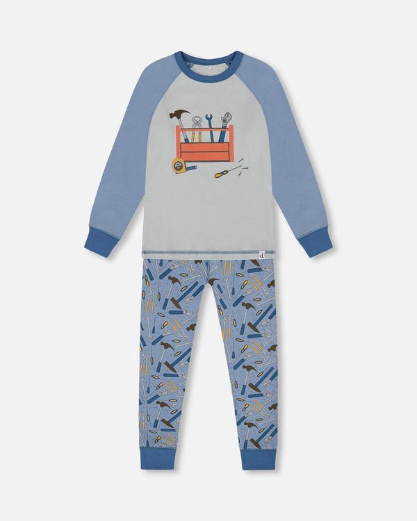 Organic Cotton Long Sleeve Top And Pants Two-Piece Pajama Set Tools On Bluish Gray Background - G30PB14_047